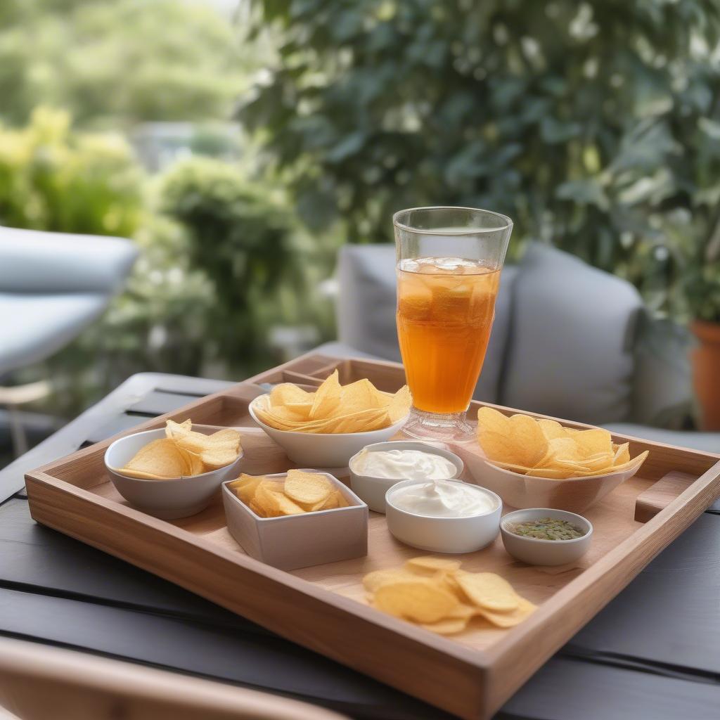 Square wood tray with drinks and snacks on a patio table