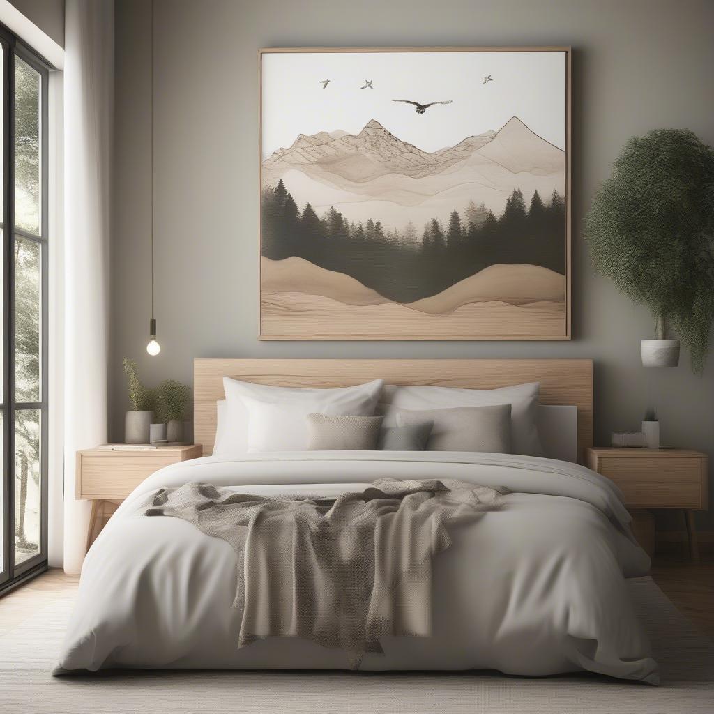 A bedroom with a square wood wall art piece above the bed.