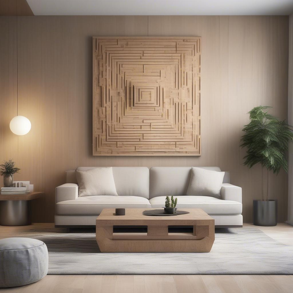 Square wood wall art adds a touch of rustic charm to a modern living room