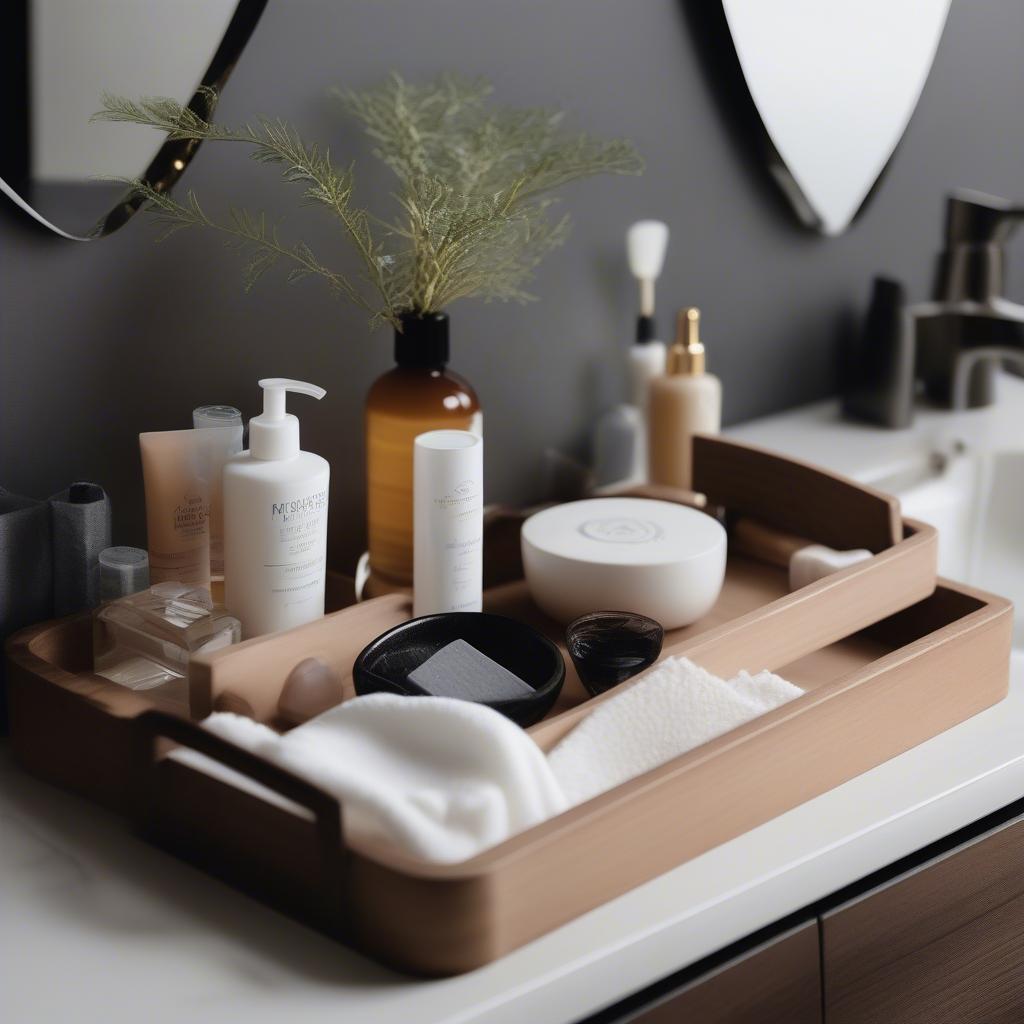 Square Wooden Tray with Bathroom Essentials