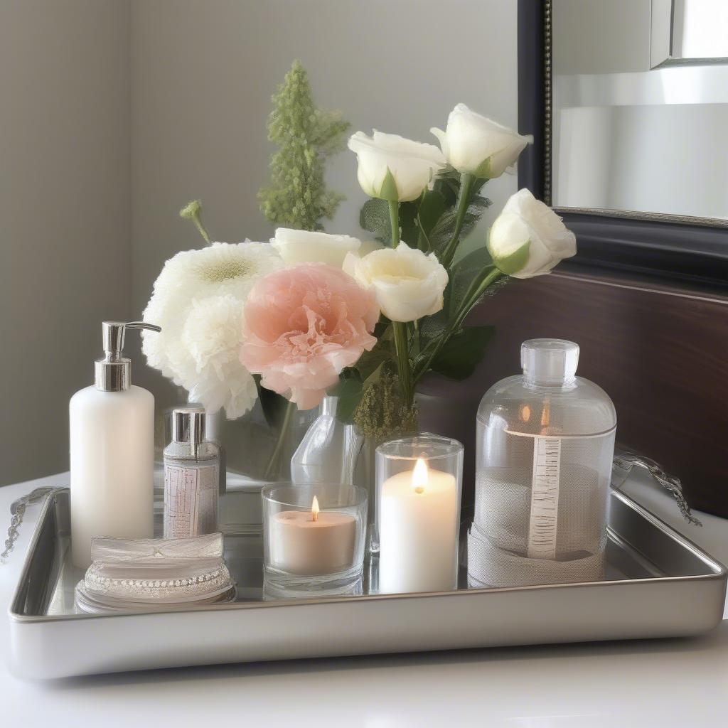 Styling a Stainless Steel Tray with Candles, Flowers, and Decorative Objects