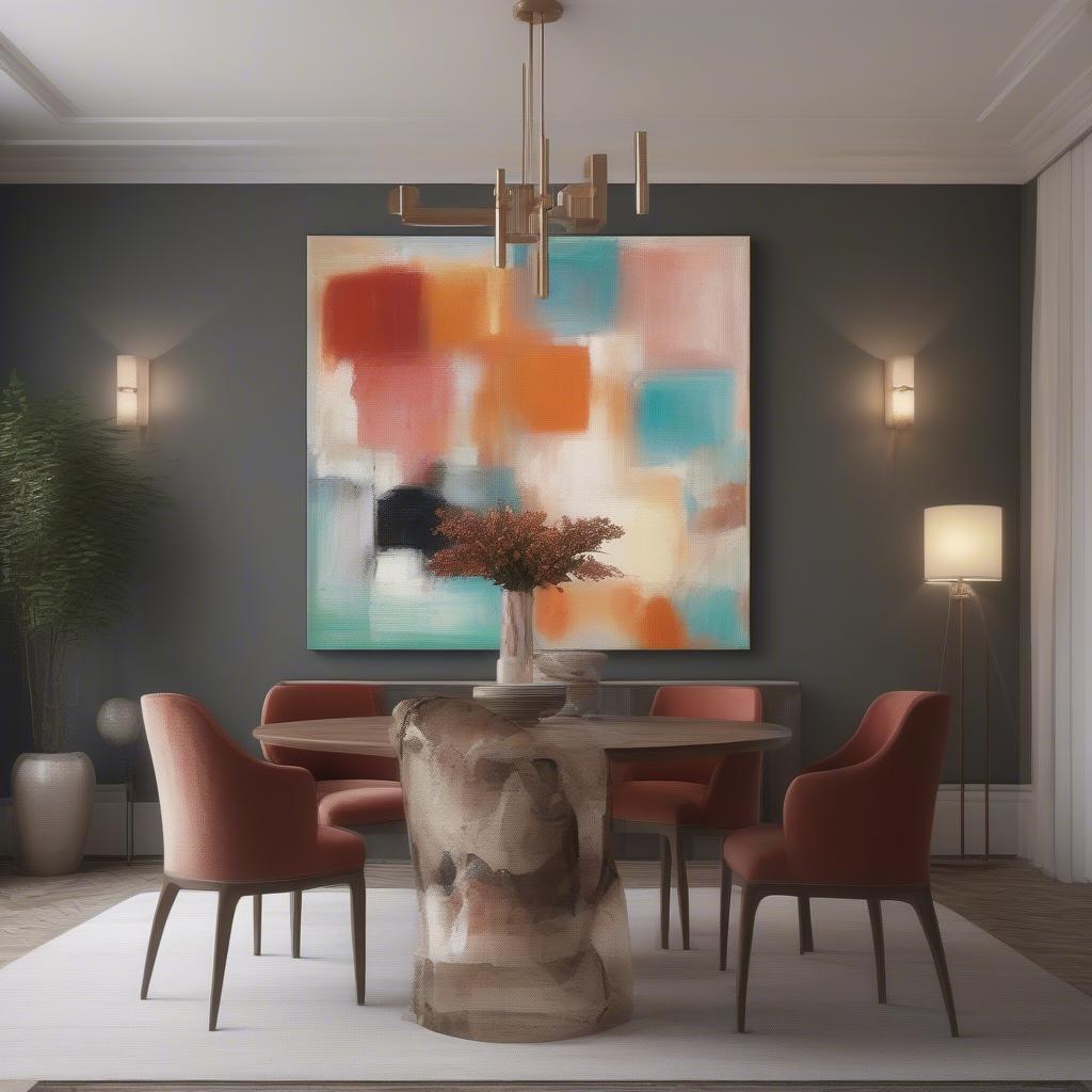 Statement Wall Art for Dining Room: A large, eye-catching piece of art dominates the dining room wall, creating a focal point.