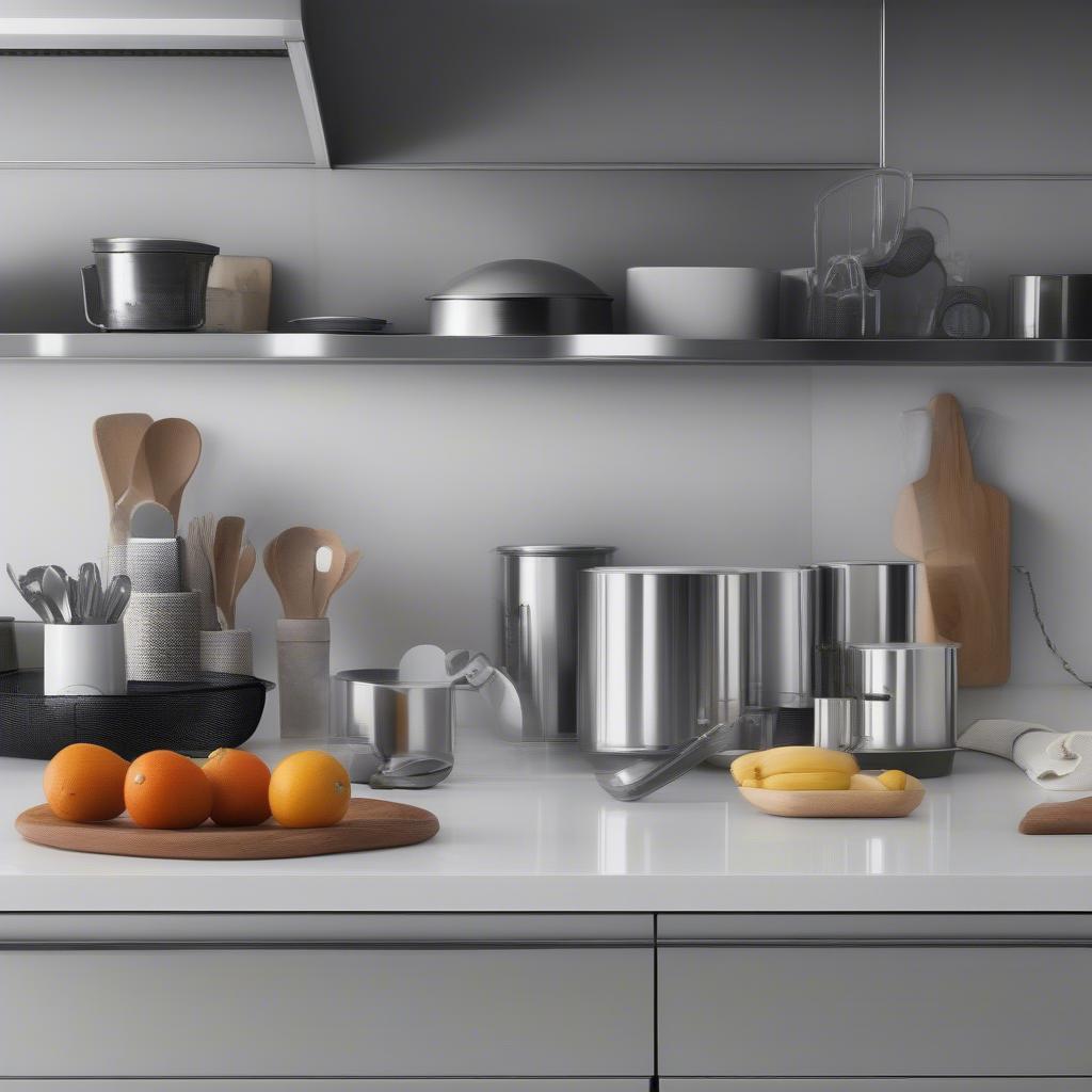 Steel kitchen accessories on a countertop