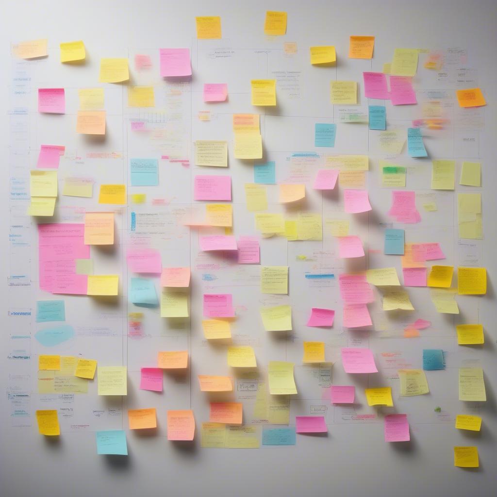 Sticky notes used to create a project timeline on a whiteboard.