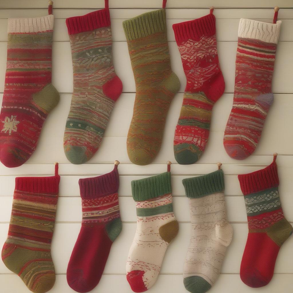 Various Stitch Stockings: showcasing different yarn types, colors, and stitch patterns