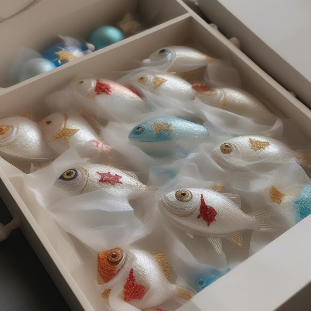 Carefully wrapped glass fish ornaments stored in a protective box, ensuring their safety for the next holiday season.