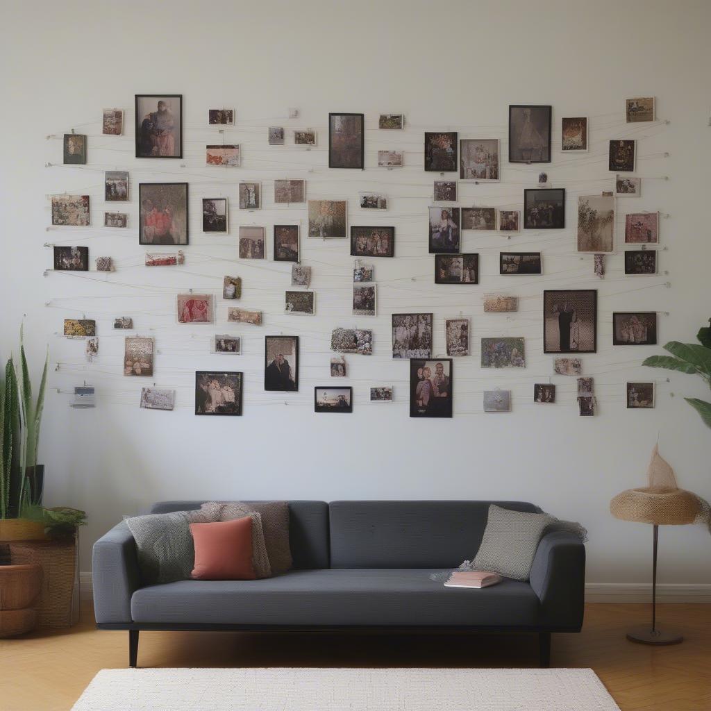 String photo display in a living room