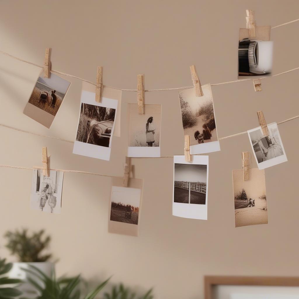 Closeup of a string photo hanger with polaroid pictures