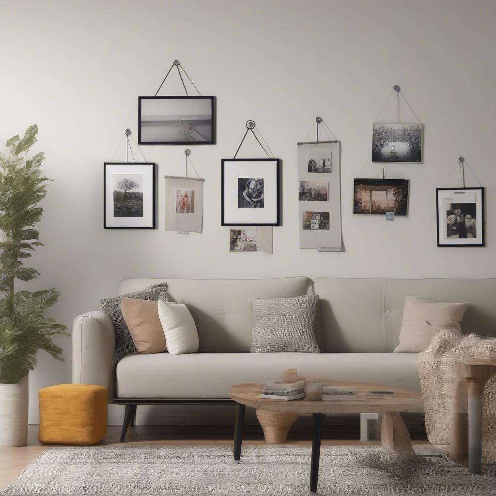 String photo hanger displayed in a living room setting