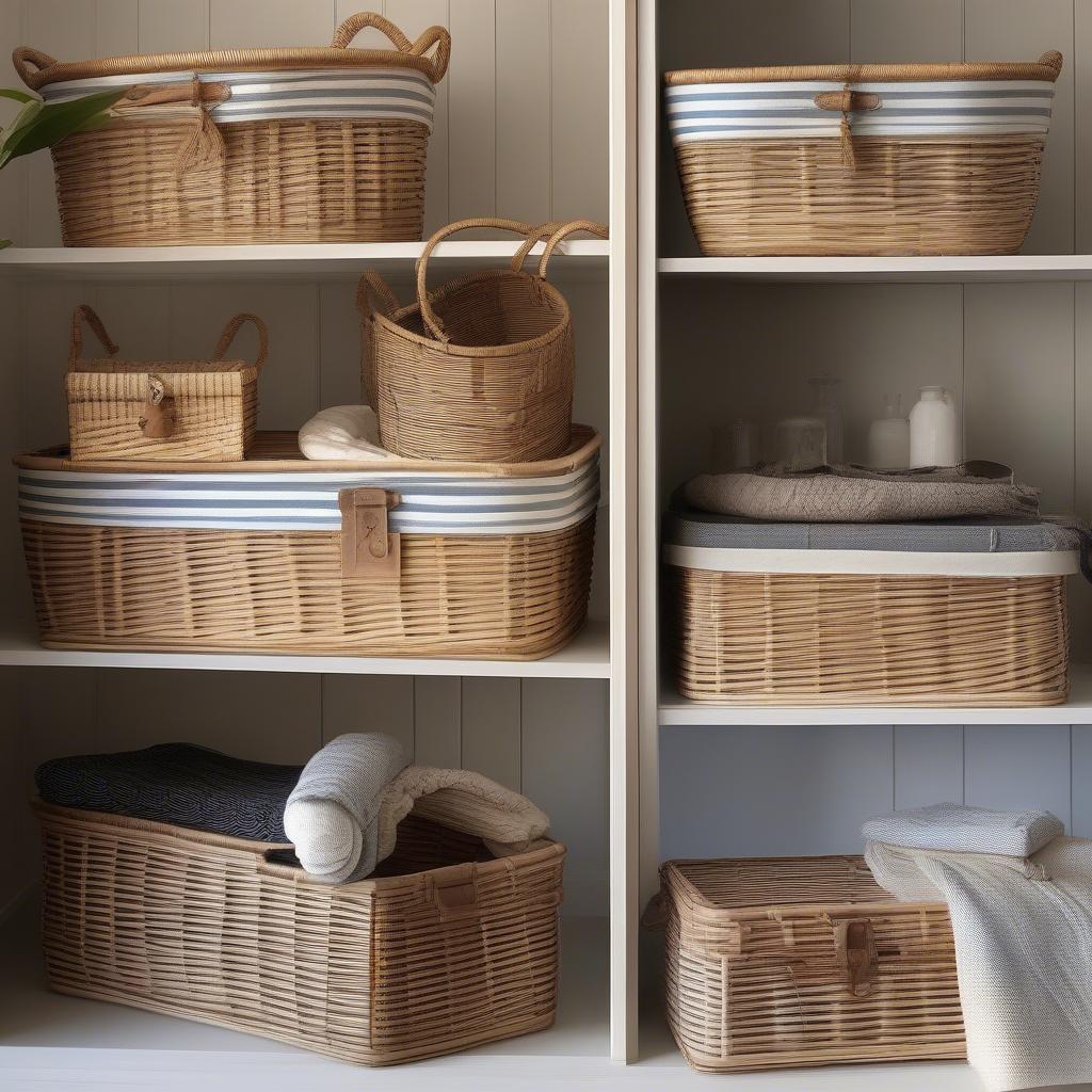 Striped Ticking Lined Rattan Baskets for Storage