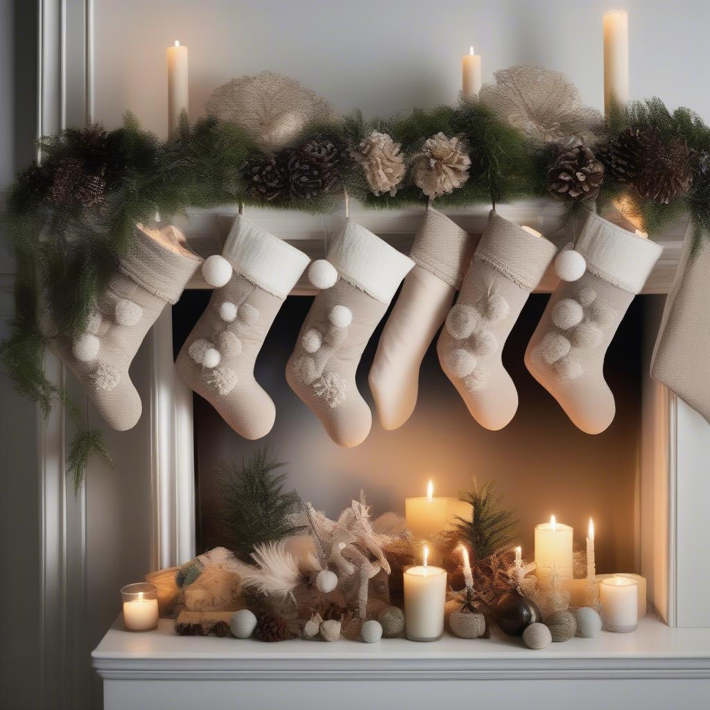 Beautifully styled mantelpiece with pom pom stockings