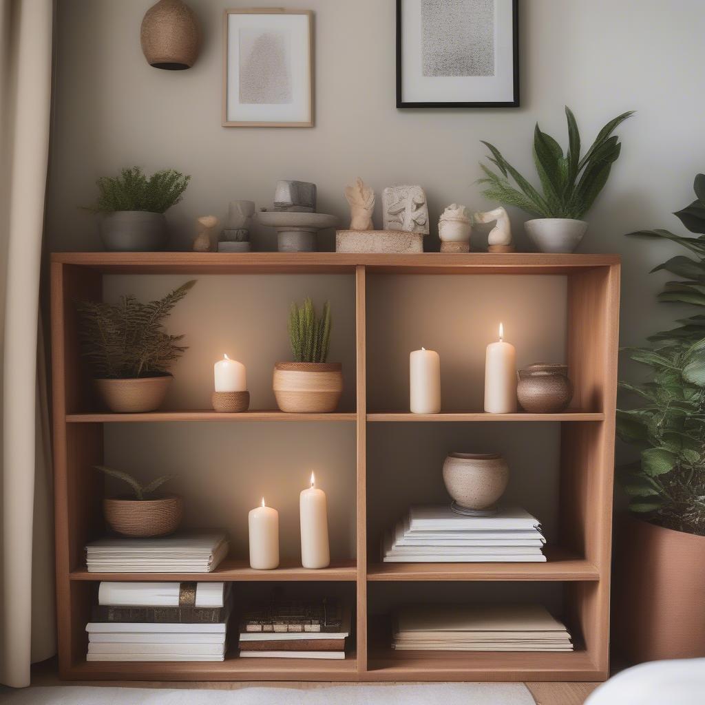 Styled small wood shelves in a bedroom with plants, books, and decorative objects.