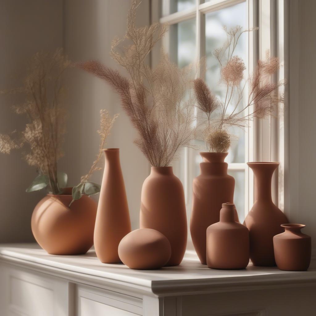 Styled terra cotta vases in a home setting