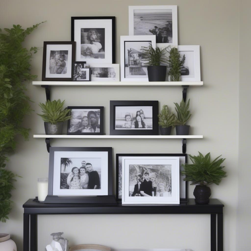 Styled wall shelf with photo frames, plants and candles