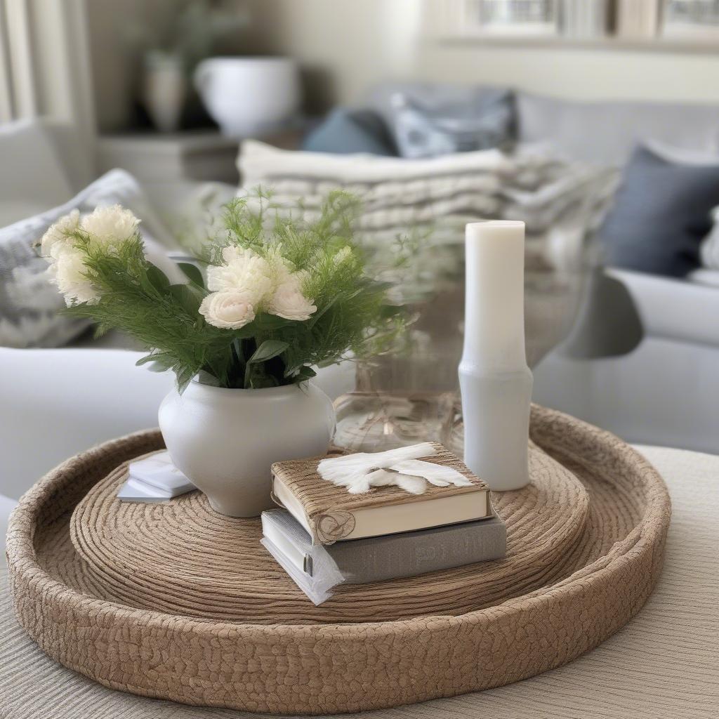 Seagrass coasters styled on a coffee table with a vase of flowers and other decorative elements, demonstrating their versatility in home decor.