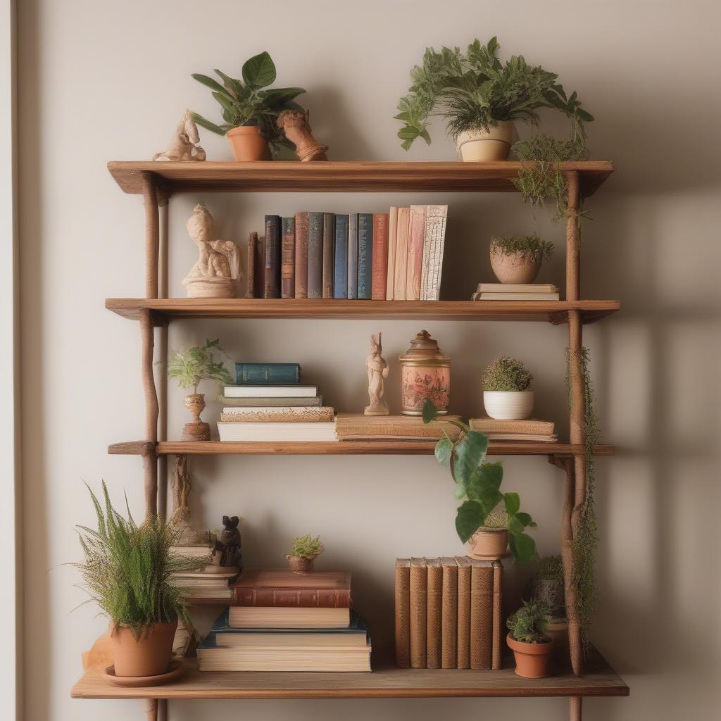 Styling a vintage wood wall shelf with books and plants.