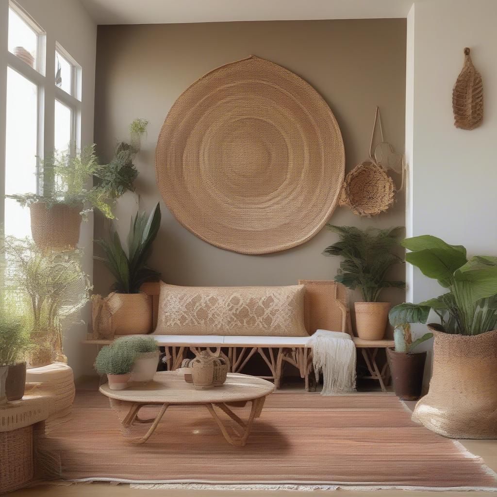 Styling wicker and rattan wall decor with plants and wooden furniture to create a cohesive and natural look in a living room.