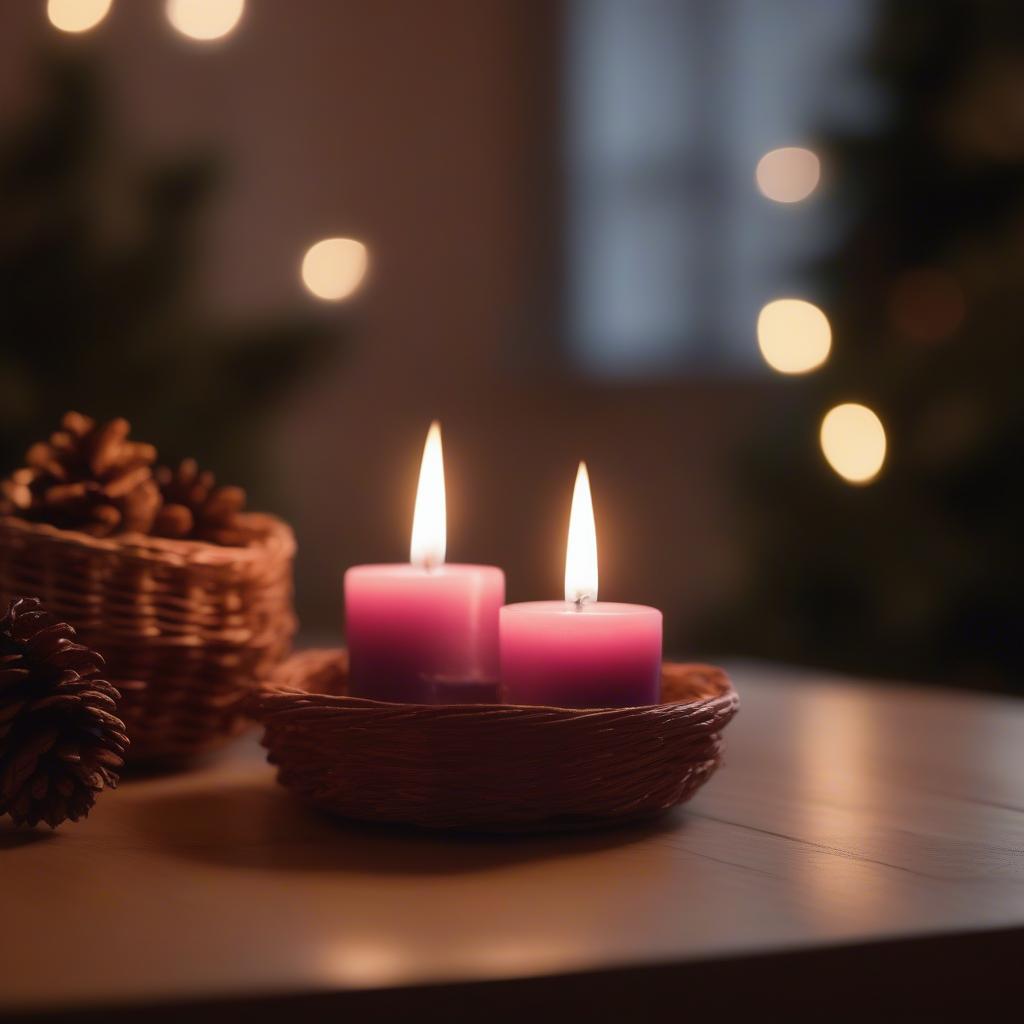 A sugar plum candle glowing softly in a darkened room, emitting a warm and inviting light.