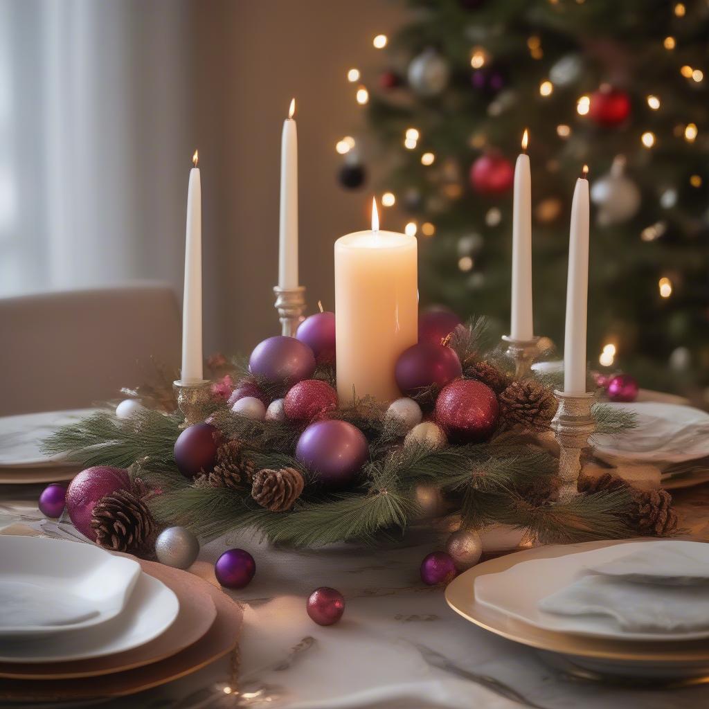 A sugar plum candle as part of a festive holiday centerpiece.