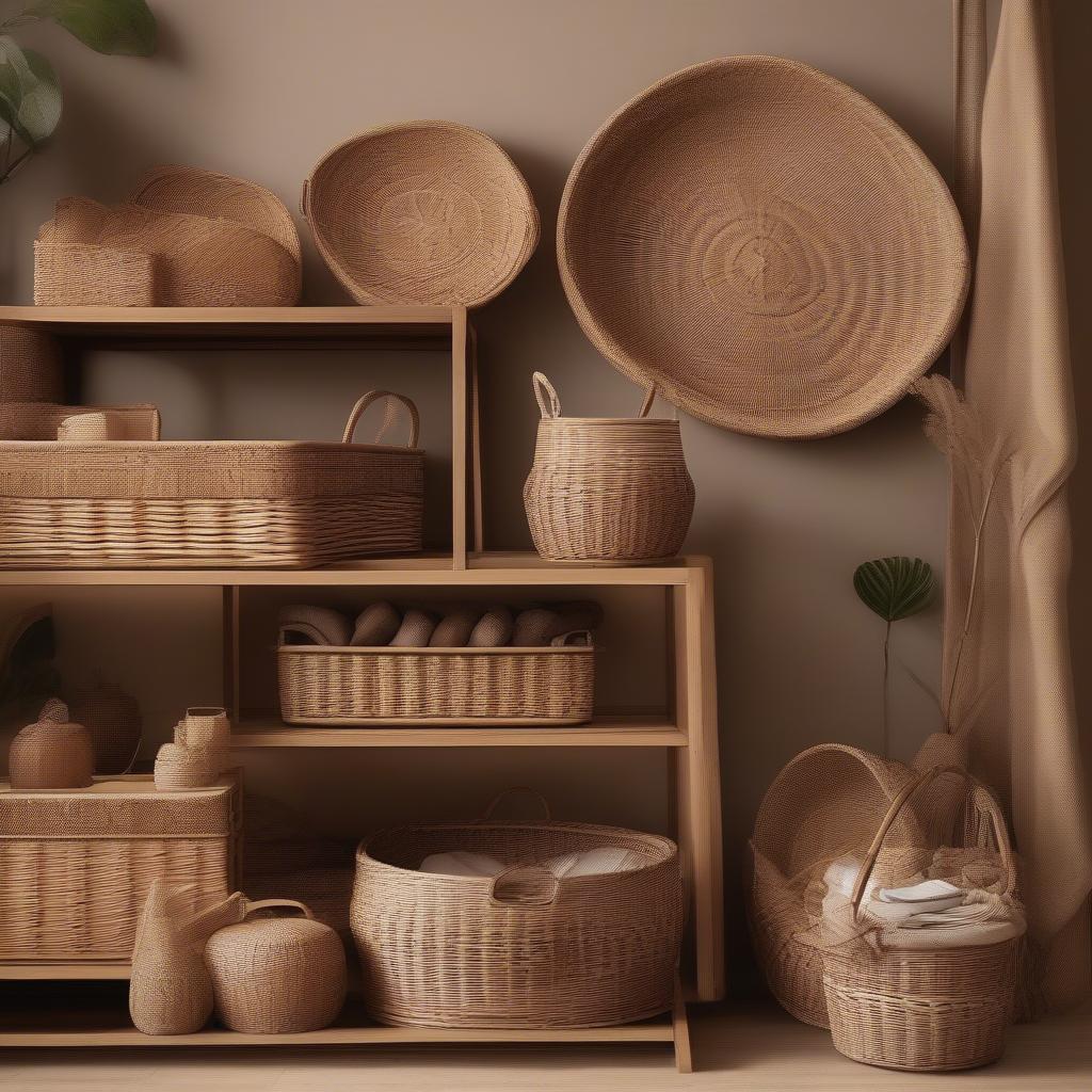 Sustainable Wicker and Rattan Products: A variety of wicker baskets, rattan trays, and other decorative items displayed on a shelf.