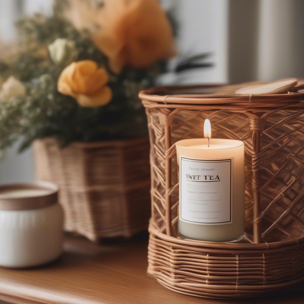 Sweet tea candle burning on a rattan side table next to a wicker basket