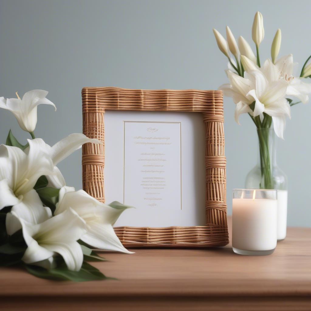 Wicker sympathy photo frame with delicate floral accents