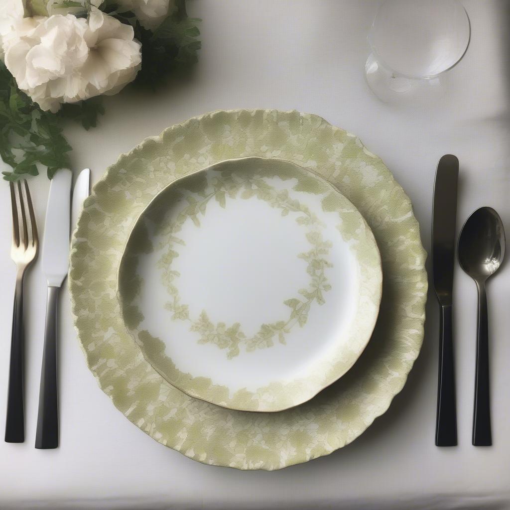 A beautifully set table showcasing decorative salad plates alongside other tableware and accessories.