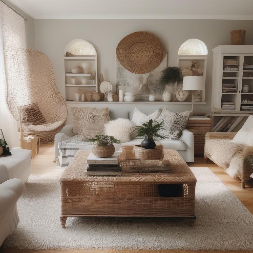 Decorative tabletop arrangement in a living room setting.