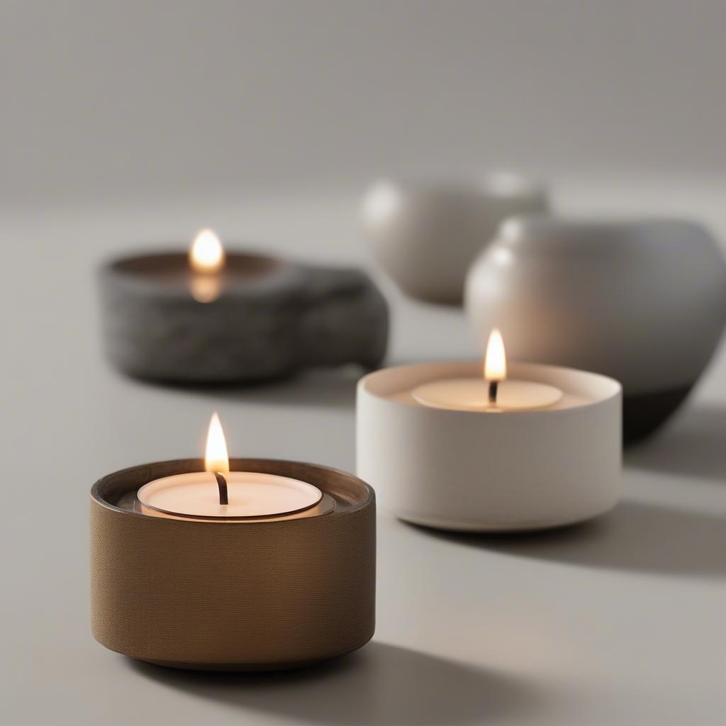 A comparison of different tea light candle holder materials: glass, metal, ceramic, and wood.