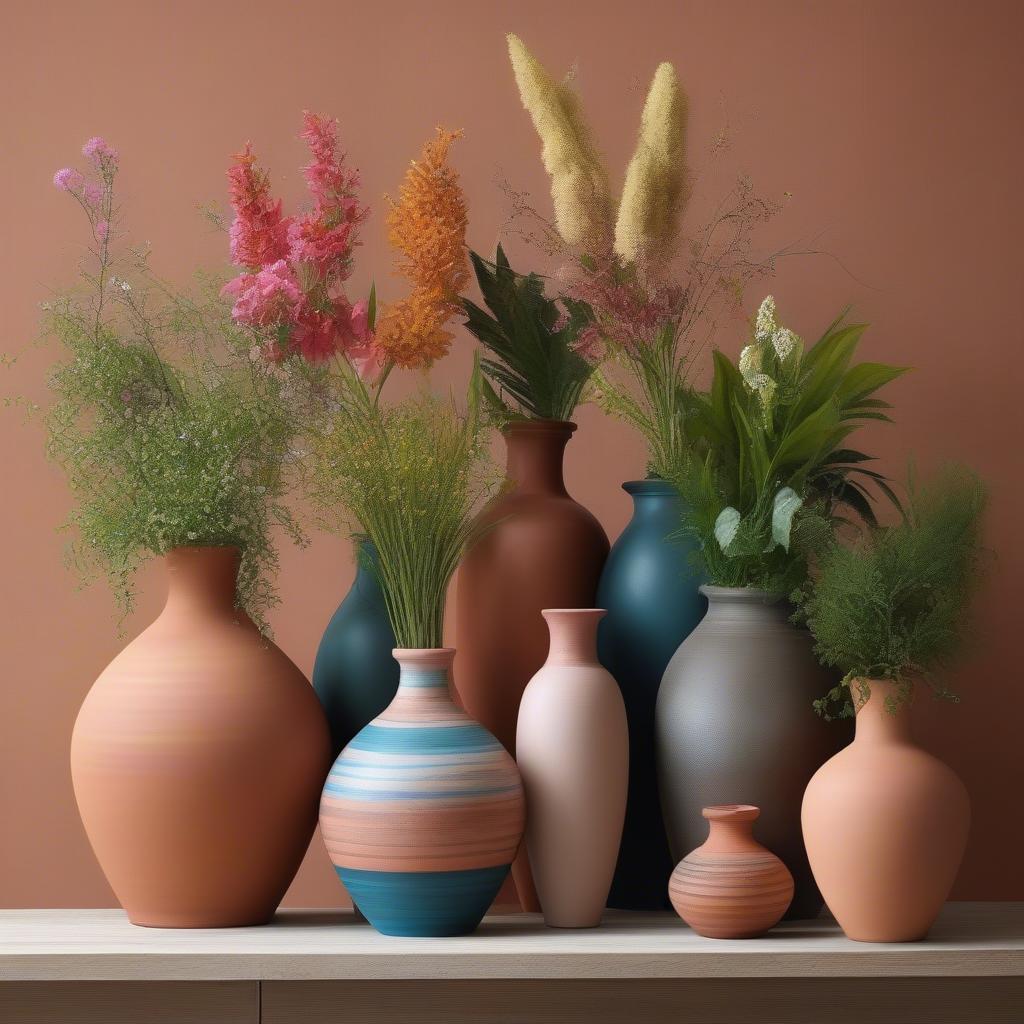 Terra cotta vases with various floral and plant arrangements