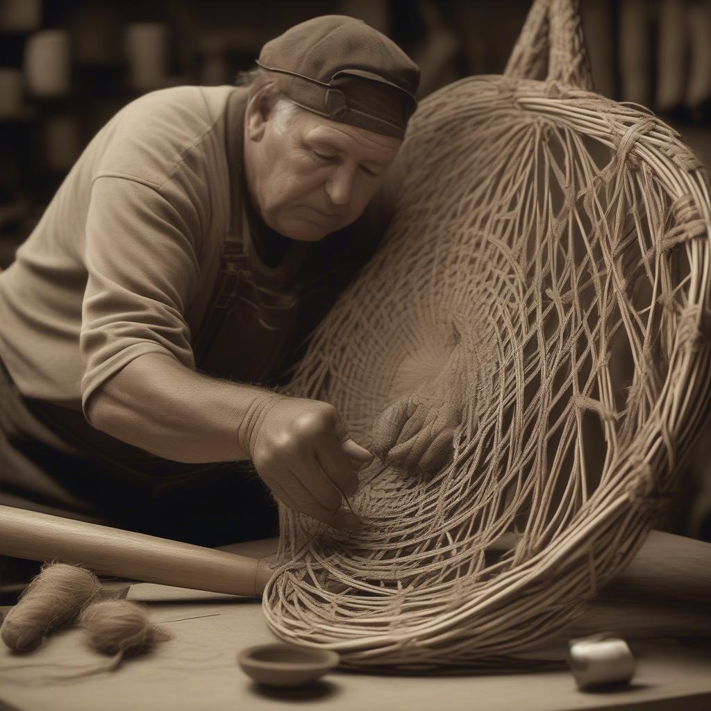 Artisan weaving wicker to create a Texas Star baseball, showcasing the traditional handcrafting techniques.