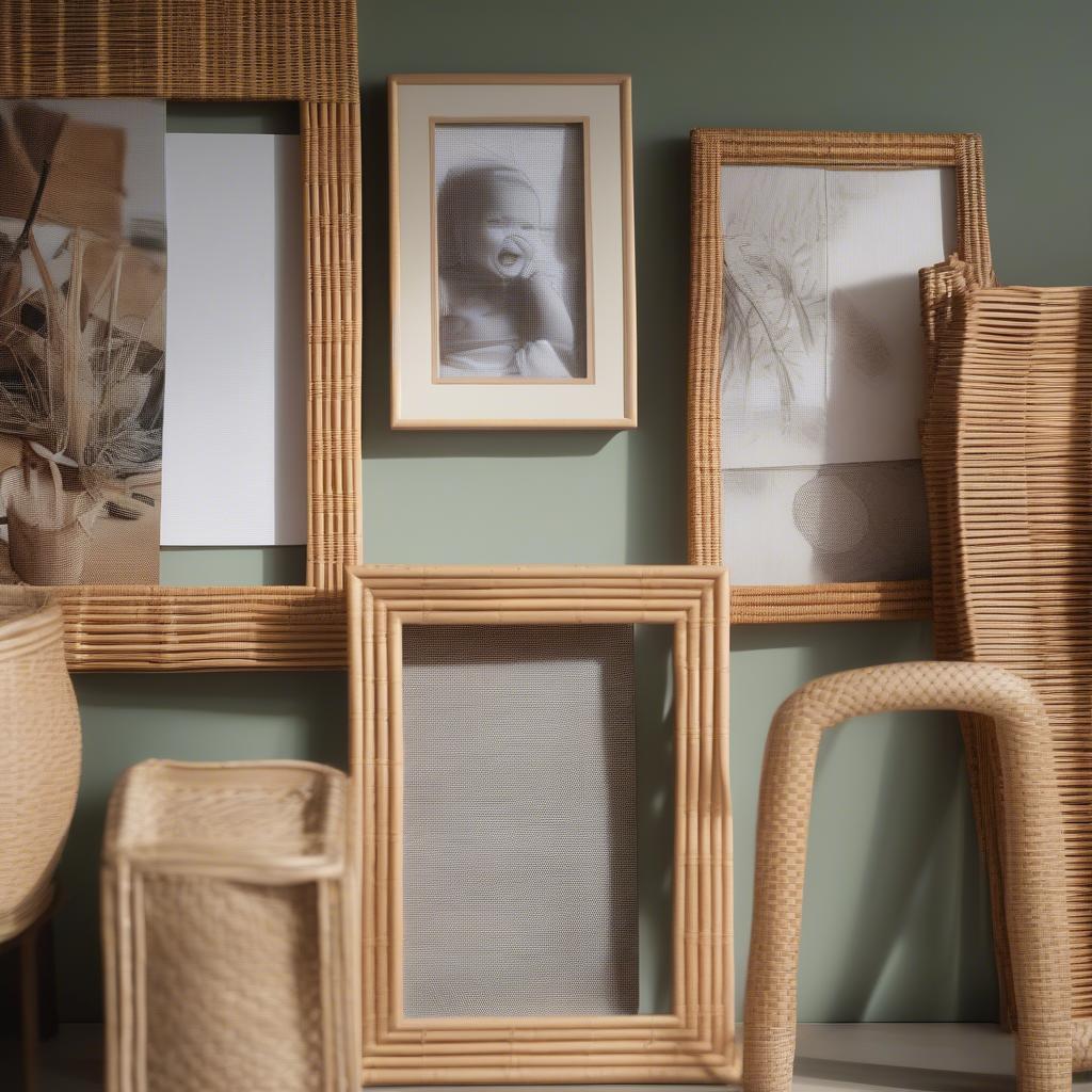 Textured picture frames made from wicker and rattan showcasing various weaving patterns and natural finishes.