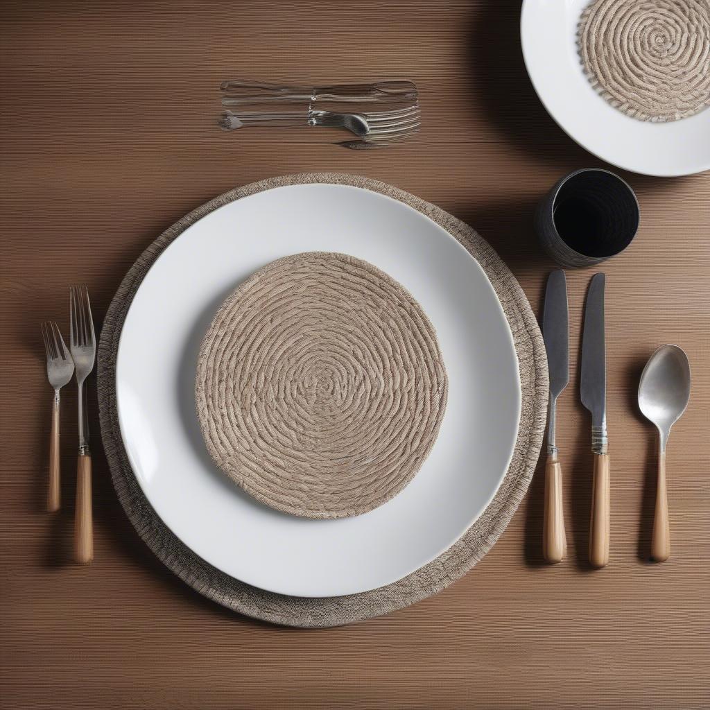 Thick woven placemats on a rustic dining table