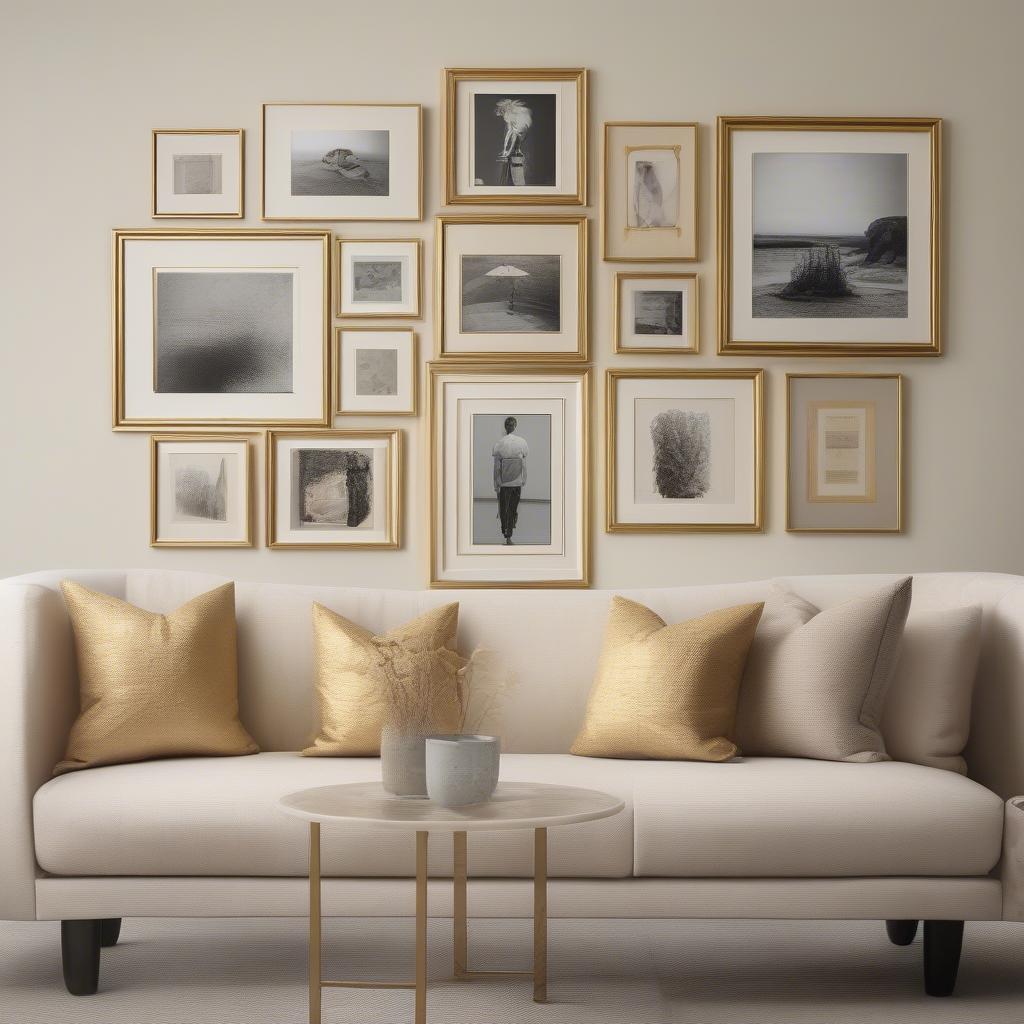 Thin gold picture frames create an elegant gallery wall showcasing various art prints and photographs in a living room setting.