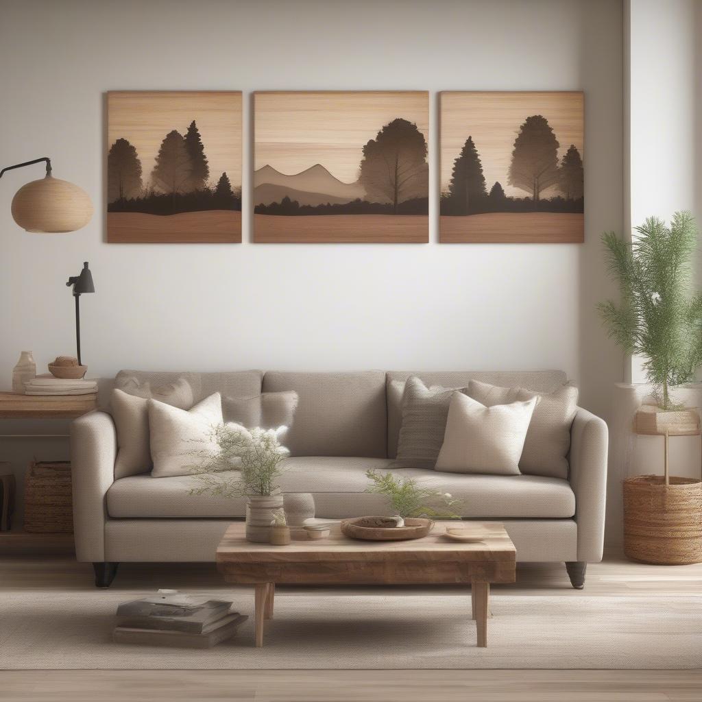 Three Piece Wood Wall Art in a Rustic Living Room