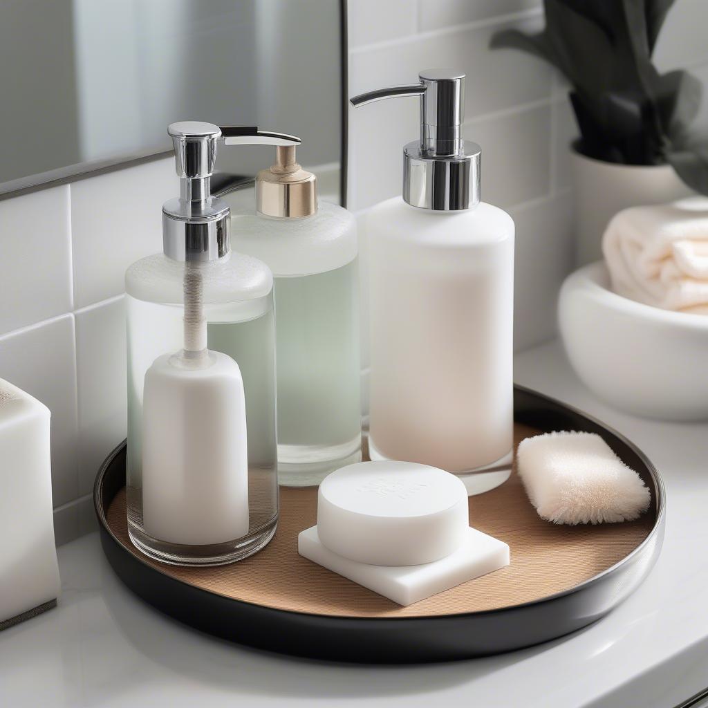 Three Tiered Tray Holding Bathroom Essentials