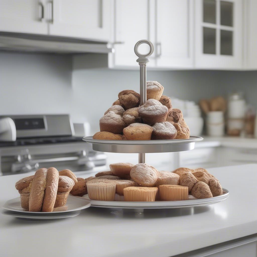 Three Tiered Tray Displaying Baked Goods in a Kitchen Setting