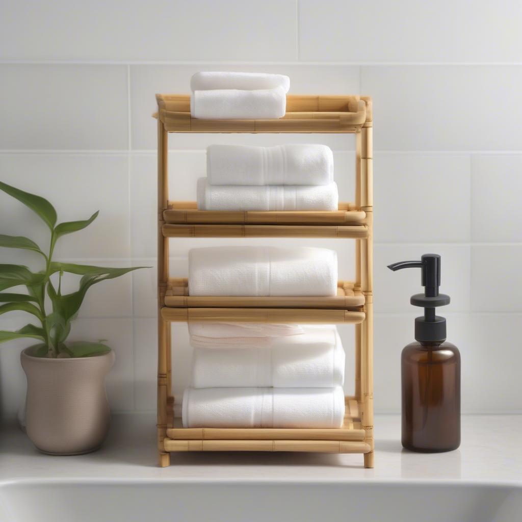 Tiered stand decor in a bathroom, holding toiletries and towels.