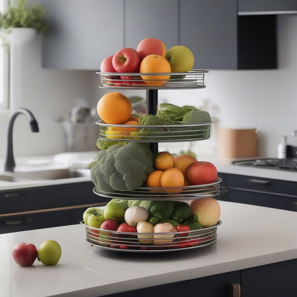 Tiered stand decor in a kitchen setting, displaying fruits and vegetables.