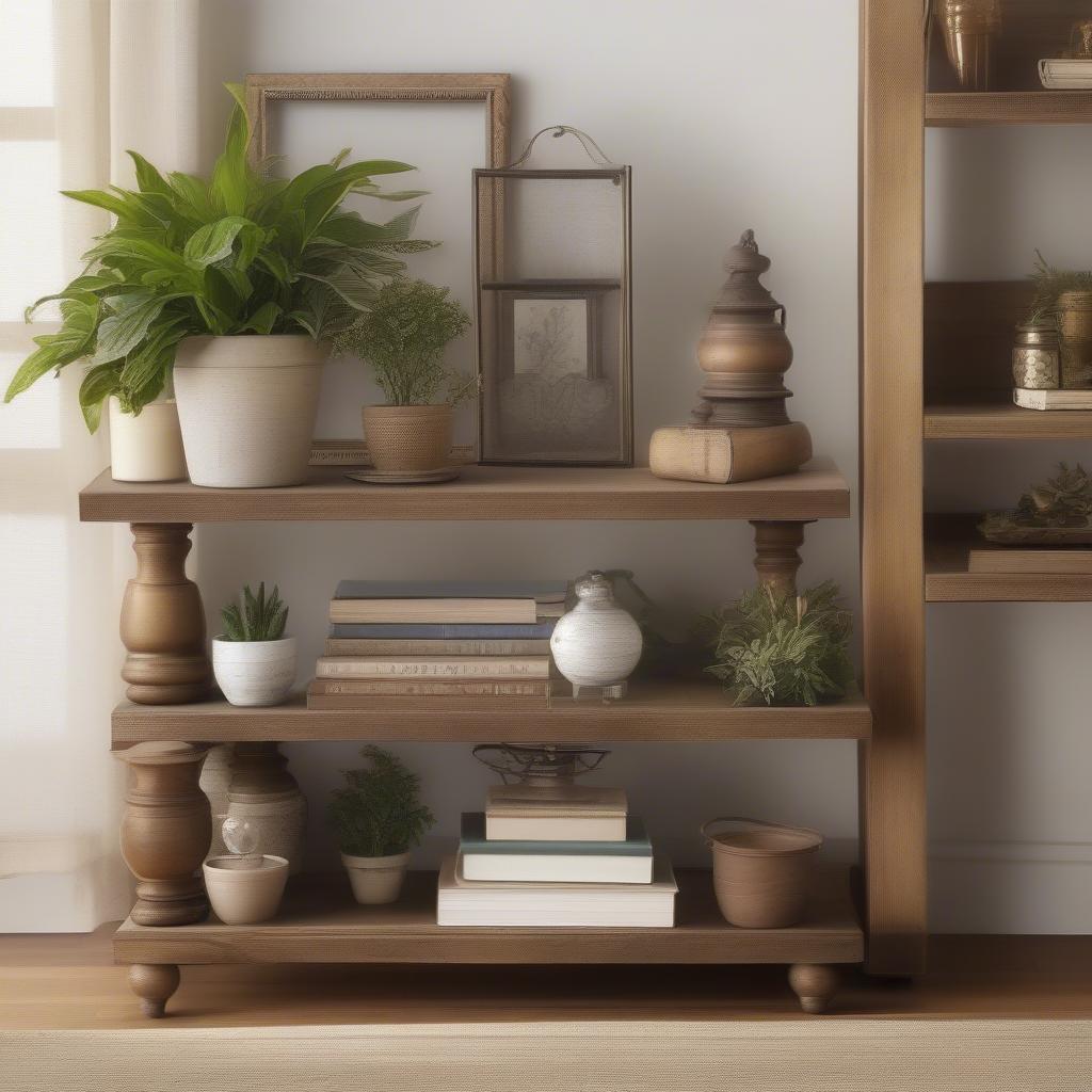 Tiered stand decor in a living room setting, featuring plants, books, and decorative objects.