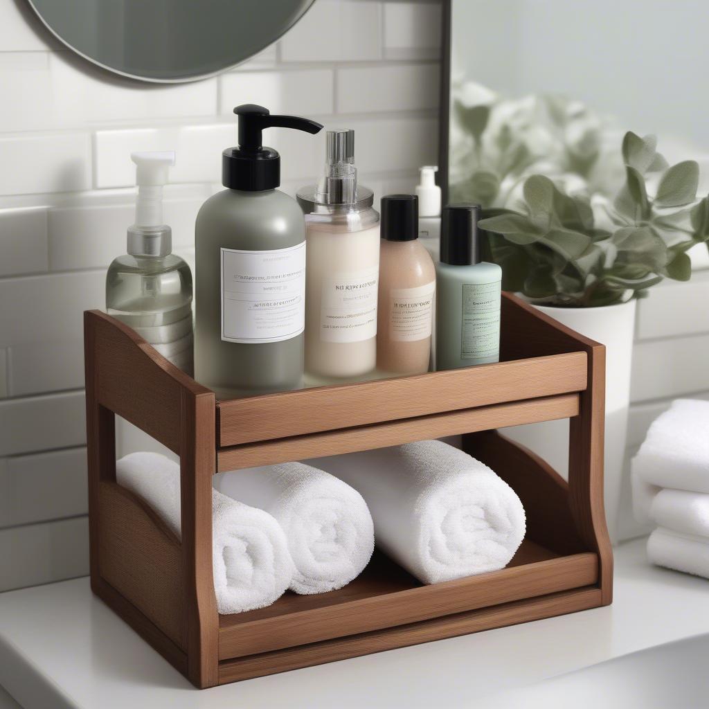 Tiered wooden tray organizing toiletries and towels in a bathroom