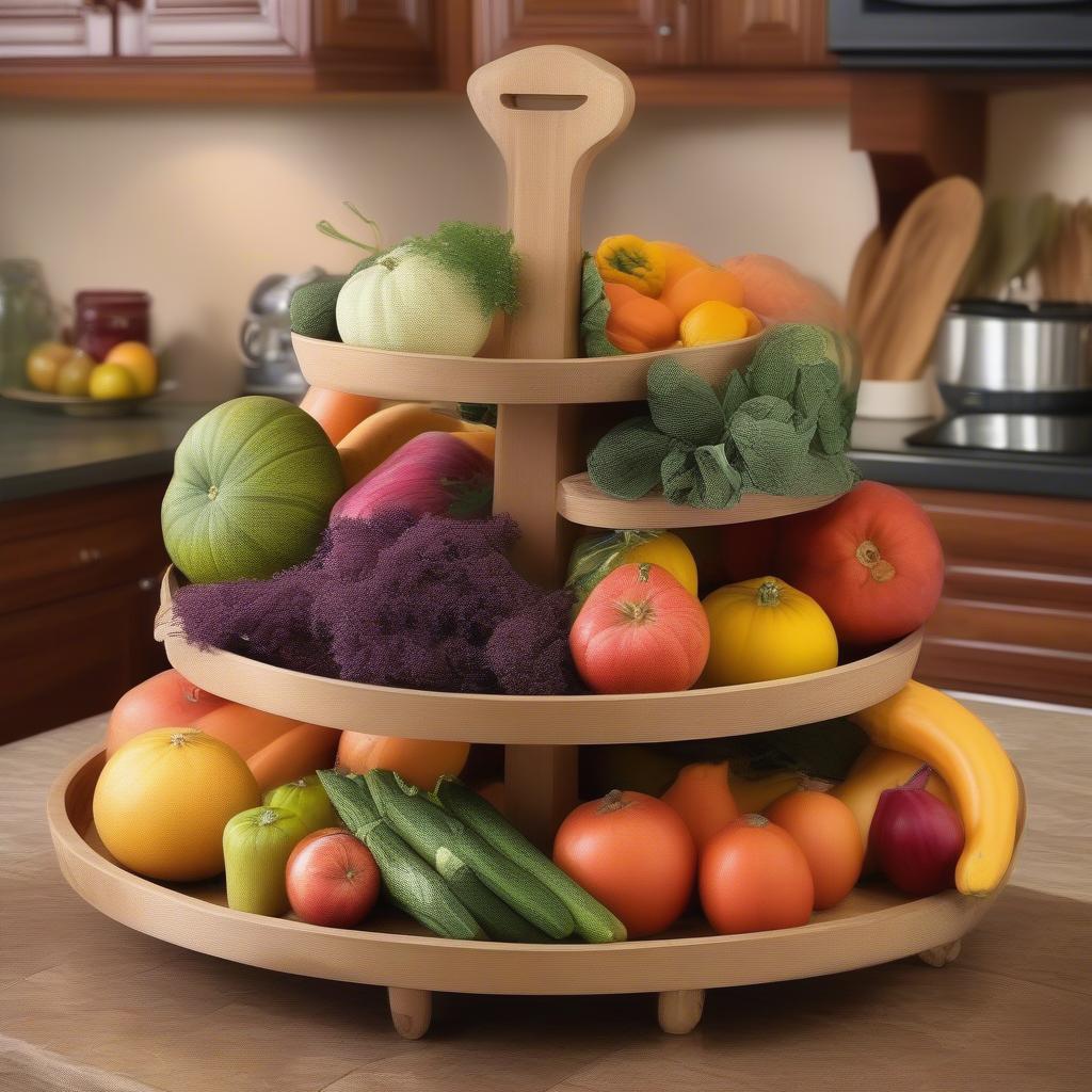 Tiered wooden tray organizing fruits and vegetables in a kitchen setting