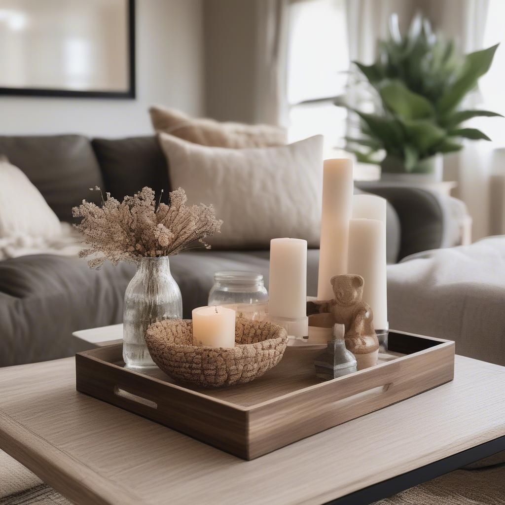 Tiered wooden tray decorating a living room with candles and decorative items