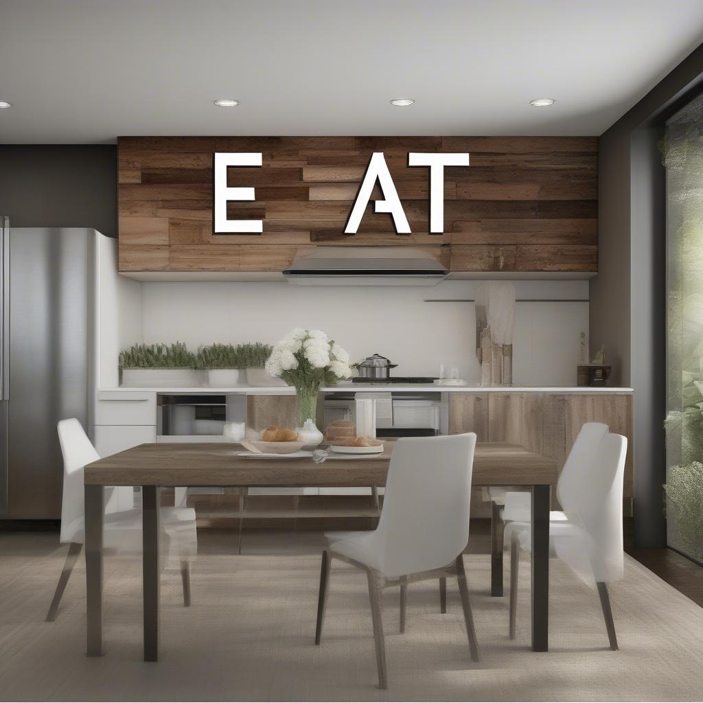 Timber word art adds a rustic touch to a modern kitchen.