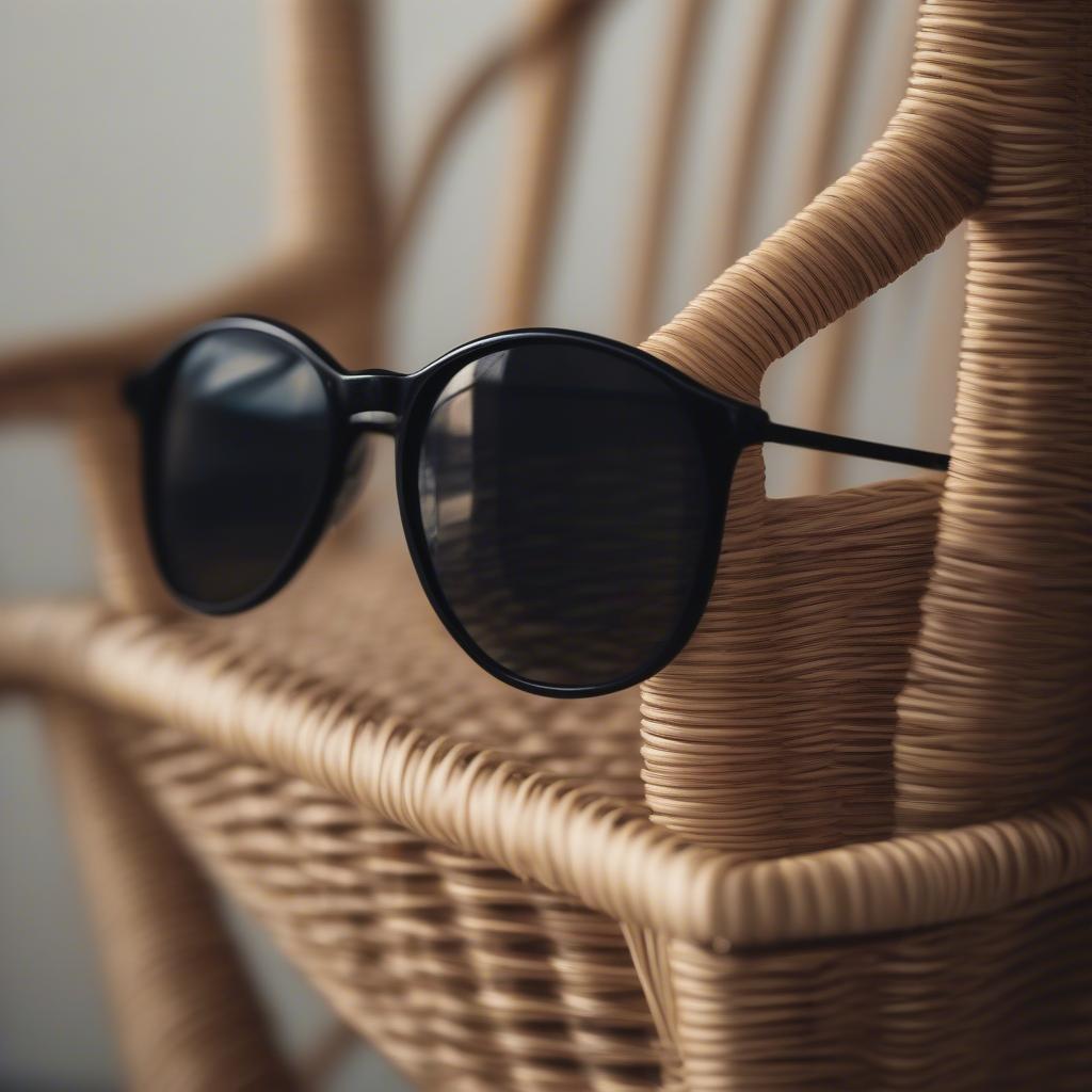 Tiny Black Glasses Accenting a Wicker Chair