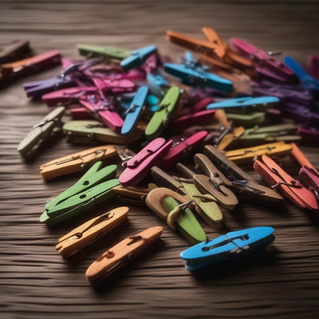 Tiny clothespins in assorted colors on a wooden background