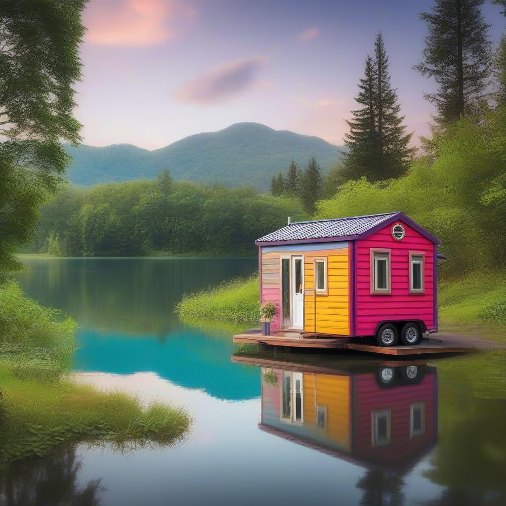 Tiny House on Wheels Parked by a Lake