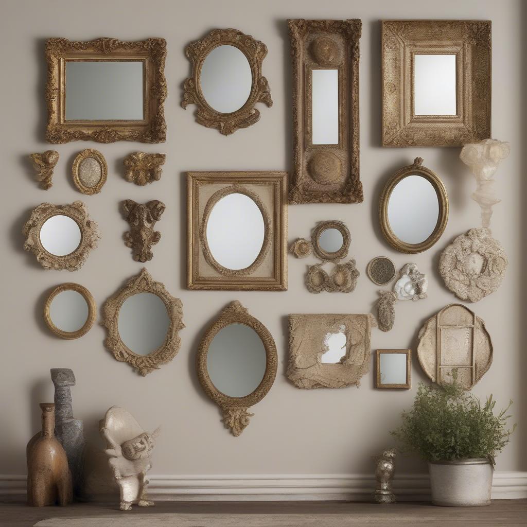 Tiny vintage wall mirrors arranged in a gallery wall