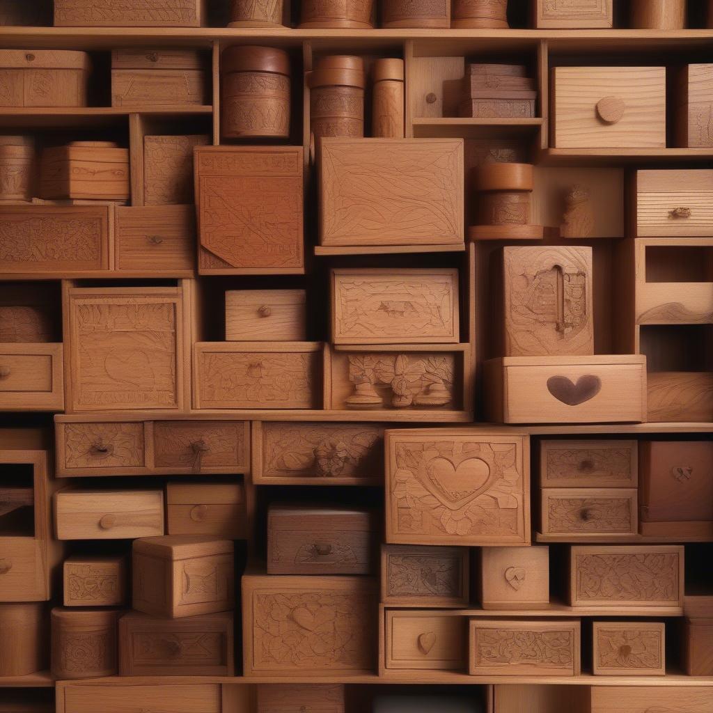 A collection of various tiny wooden boxes, showcasing different shapes, sizes, and wood types.