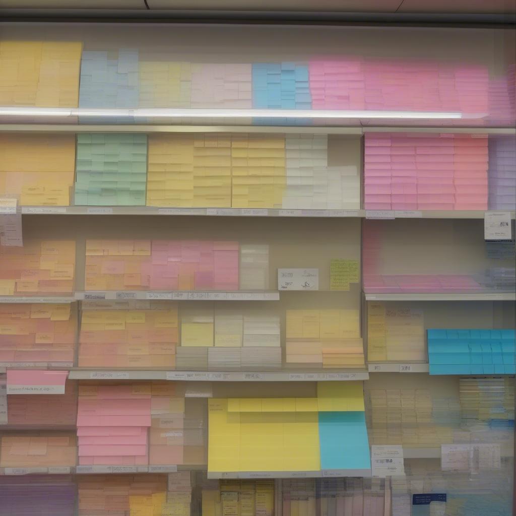 Transparent sticky notes displayed in a stationery store